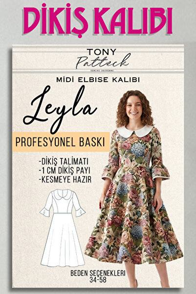 Tony Patteck Leyla Midi Elbise (EL3) - Hazır Dikiş Kalıbı (34-58 Beden)