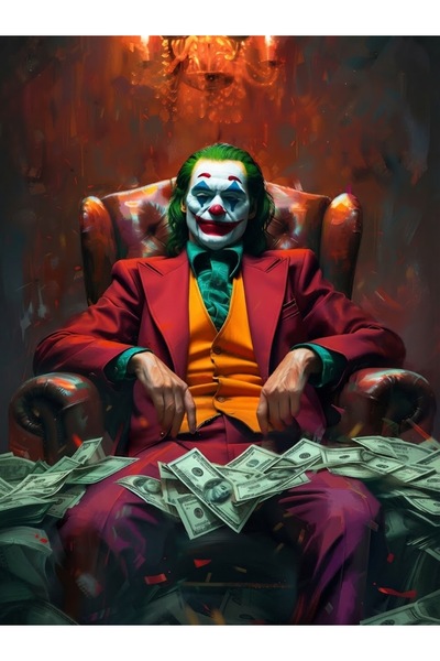 Joker & Para Temalı Tahtta Oturan Karakter Modern Sinema ve Sokak Sanatı MDF UV Baskı Tablo (60x90 cm)