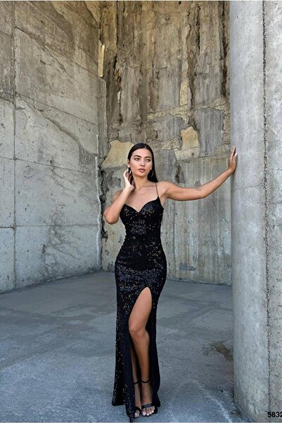 Euro Class Velvet Fabric V-Neck Sequined Strap Evening Dress