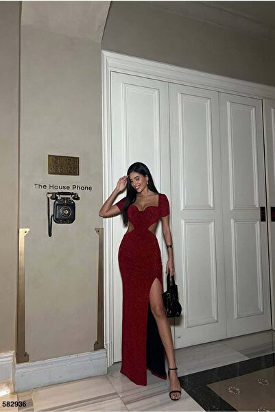 Euro Class Short Sleeve Evening Dress with Degaje Collar and Slits