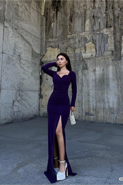 Euro Class Woven Fabric Square Neckline Slit Evening Dress
