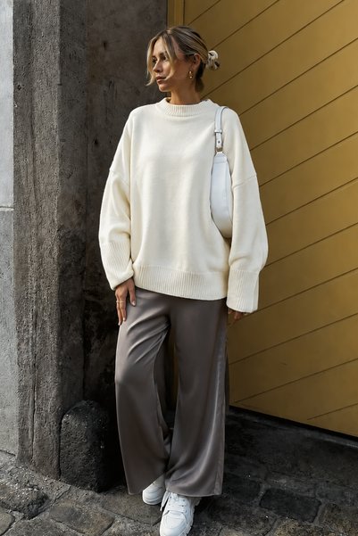 Butik Women's Ecru Long Oversize Knitwear Sweater Nns020