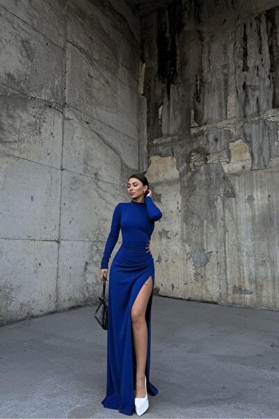 Euro Class High Collar Stone Detailed Long Sleeve Evening Dress