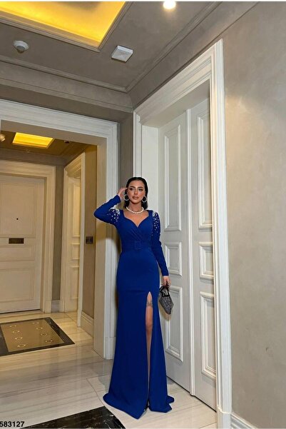 Euro Class Heart Neckline Stone Detailed Maxi Evening Dress