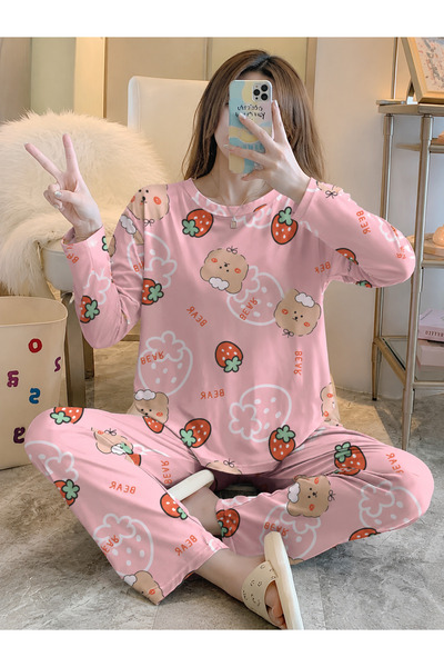 Silona Homewear Long Sleeve Pajama Set Strawberry Bear Super Soft Basic Singl...