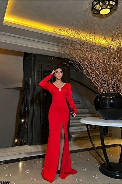 Euro Class V-Neck Long Sleeve Evening Dress with Stone Detail