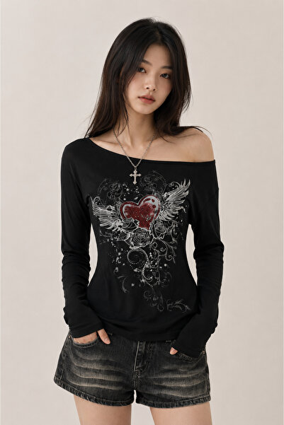 None Wear Siyah Rose Red Heart Gotik Y2K Uzun Kollu Crop