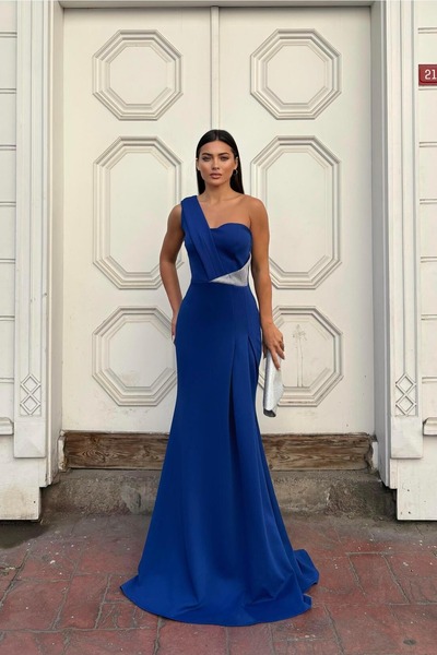 Euro Class One-Shoulder Evening Dress with Stone Detail