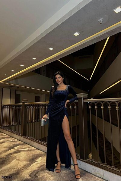 Euro Class Velvet Fabric Square Collar Evening Dress with Stone Detail