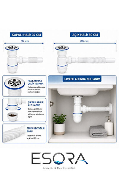 Taslı Körüklü Lavabo Sifonu Paslanmaz Vidalı Taslı Lavabo Gider Borusu