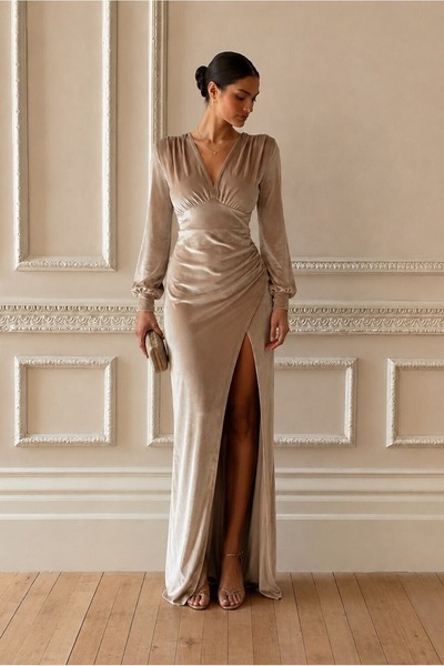 Euro Class Velvet Fabric High Neck Slit Evening Dress