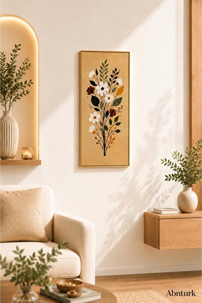 abnturk Dekoratif Çiçek Desenli Gold Çerçeveli Yapışkanlı Duvar Tablosu 22x44cm