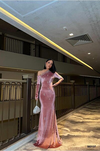 Euro Class Stretchy Velvet Fabric One Shoulder Evening Dress