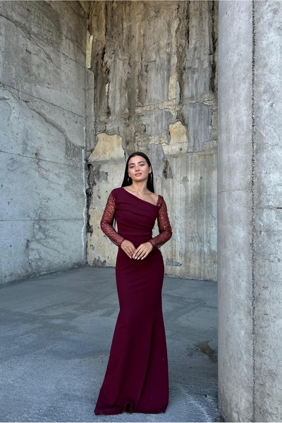 Euro Class Asymmetrical Collar Stone Detailed Maxi Evening Dress