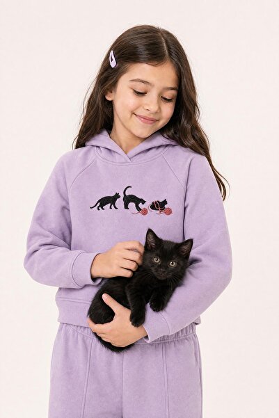 Perendi Girl's Hooded Fleece-Lined Cat Embroidered Winter Set