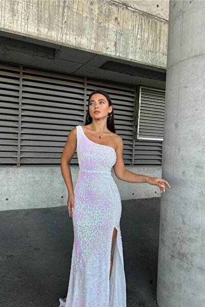 Euro Class Velvet Fabric Asymmetrical Collar Sequined Evening Dress