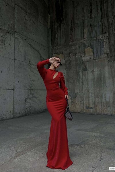 Euro Class Glittery Fabric Degaje Collar Low-Cut Maxi Evening Dress