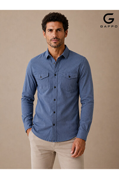 GAPPO Çift cepli slim fit pamuklu mavi kot gömlek