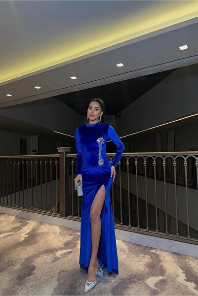 Euro Class V-Neck Long Sleeve Evening Dress with Stone Detail