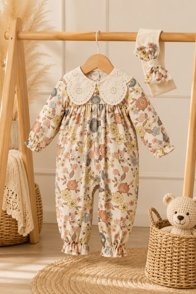 MYZİ STORE Baby Girl 100% Cotton Floral Pattern Scalloped Collar Romper and Headband Set