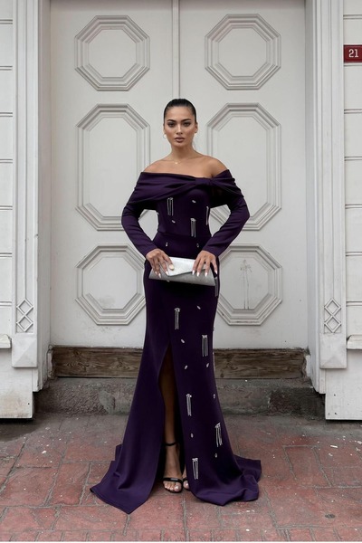 Euro Class High Neckline Stone Detailed Maxi Evening Dress