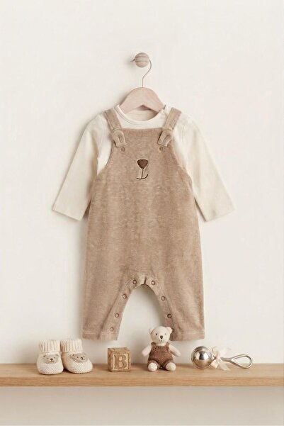 Next Baby Pamuklu Krem Ayı Desenli Salopet Body Zıbın Set