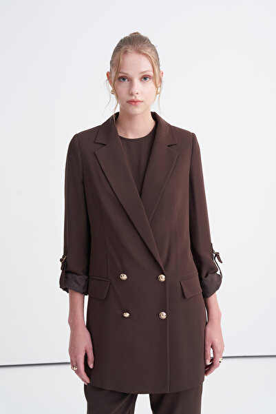 Zühre Double-Breasted Collar Accessory Detailed Oversize Long Lined Brown Jac...