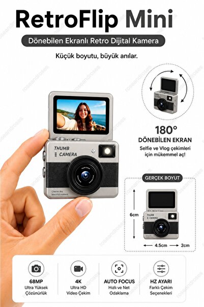 RoseandRoses RetroFlip Mini Dönen Ekranlı Retro Efektli Dijital Kamera (Siyah)