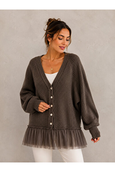 STYLE STOP Kadın Etek Ucu Tül Detaylı Oversize Düğmeli Triko Hırka