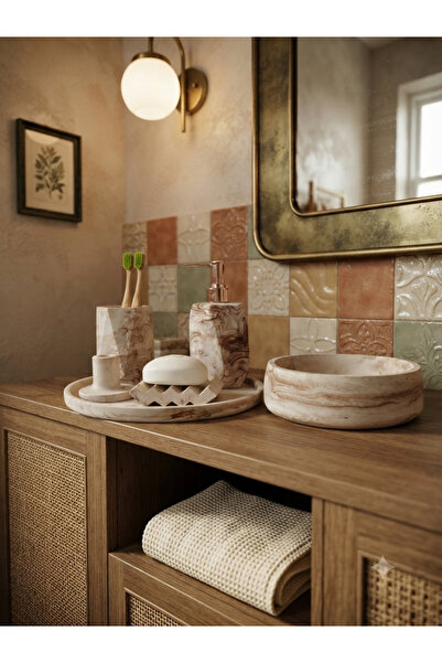 Trust Stone 6'lı Mermer Desen Beton Banyo Seti ,Sıvı Sabunluk Diş Fırçalığı A...