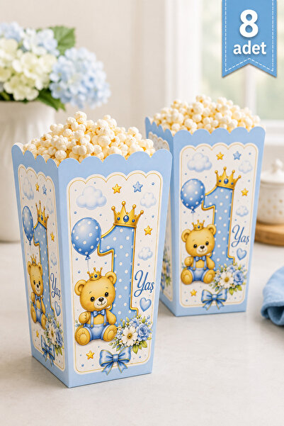 Baloncu Nene 1 Yaş Ayıcık Mısır Kutusu 8’li Set 8x11 cm Erkek Bebek İlk Yaş D...