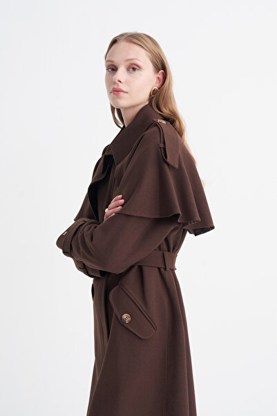 Zühre Cape Detailed Belted Brown Coat 14153