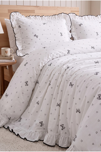 Zühre Home Ruffled, Striped Bow and Heart Pattern Double Duvet Cover Set |   ...