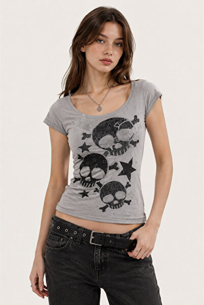 None Wear Gri Skull Yıldız Detaylı Baskılı Grunge Y2K Kısa Kollu Crop