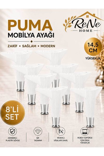 ReNe HOME 14,5 cm Puma Mobilya Ayağı (8 Adet Beyaz-Krom) Robot Süpürge Uyumlu...