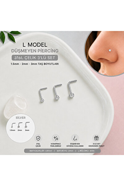Heppii L Model 3 Adet Düşmeyen Çelik Hızma 1.5 -2 - 3 mm taşlı Tektaş Burun P...