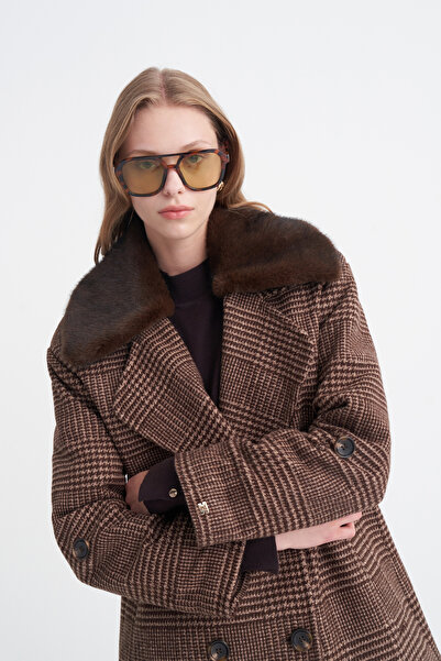 Zühre Fur Collar Plaid Patterned Short Brown Coat 14134