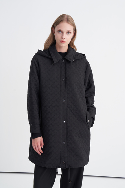 Zühre Hooded Pocket-Covered Short Black Coat 13876