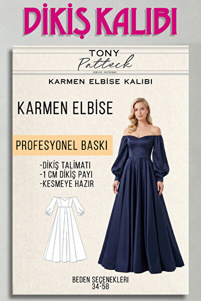 Tony Patteck Karmen Elbise (EL10) - Hazır Dikiş Kalıbı (34-58 Beden Seçenekle...