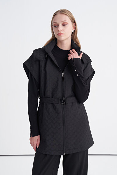Zühre Hooded Buckle-Decorated Diamond Patterned Black Vest 0104