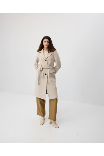 IDA Collection Pocketed Belted Long Cashmere Coat Stone