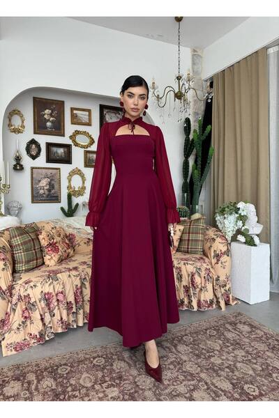 Miss Beyoğlu Women's Tulle Sleeve Tie Detailed Midi Dress