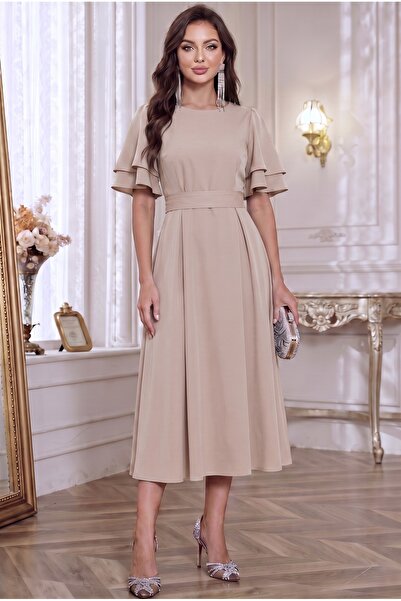ALFUDO Moda Collection Belted Layered Sleeved Midi Dress Combination