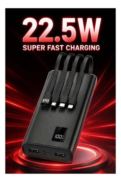 Levino N-68 10000mAh Power Bank, 22.5W Fast Charging Portable Charger with 4 Built-in Cables, Digital Battery Display, USB and Type-C Ports, Black