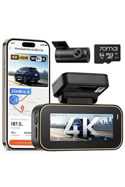 70MAİ A810 Lite Dashcam Ön Arka, 4K Dashcam 2160P+1080P, 64GB Kartlı, 24 Saat Park İzleme, 4G LTE