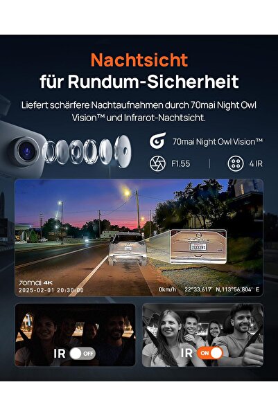 70MAİ T800E 4K Dashcam Araba 3 Kanallı, 4K+1080P+1080P Ön Arka İç 3 Kanallı Araç Kamerası,