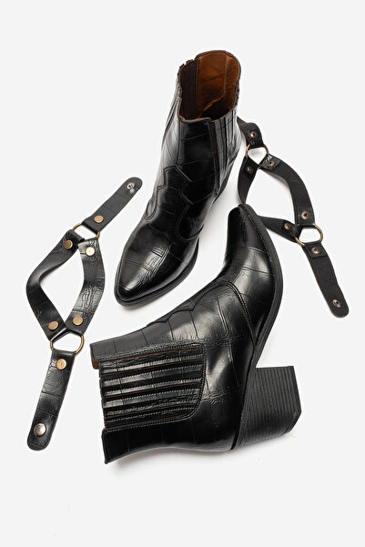 by selvi Lukka Shoes Nova Kadın Siyah Kroko Western Dallas Tak Çıkar Bot