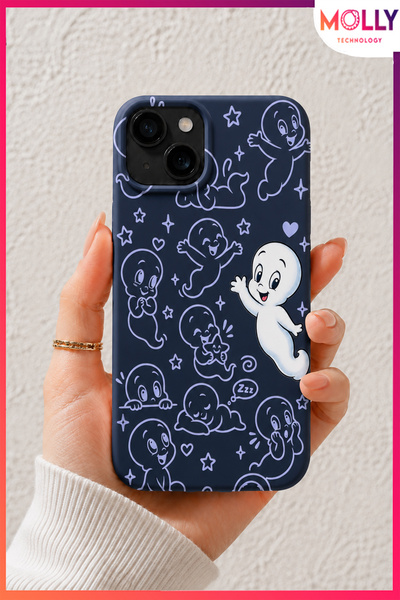 Molly iPhone 13/14 İçin Lacivert Hayalet Casper Gece Neşesi Desenli İçi Kadif...
