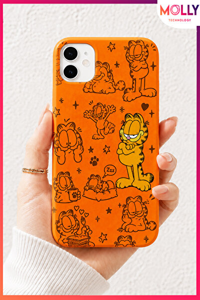 Molly iPhone 11 İçin Turuncu Garfield Tembel Günler Desenli İçi Kadife Siliko...