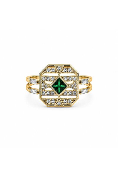 Sembol Gold Zümrüt Taşlı Geometrik Altın Yüzük